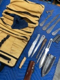 Assorted throwing knives, accessories & storage bag. 14 pieces
