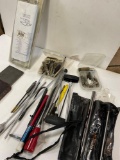 Assorted items. Assorted brushes, Diamond stone, OAL gauge, brushes with case, etc