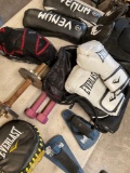 Assorted sport/ exercise items. Weights, gloves, knee pads, etc