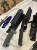Scuba knife, Machete with saw knife, knives. 4 pieces