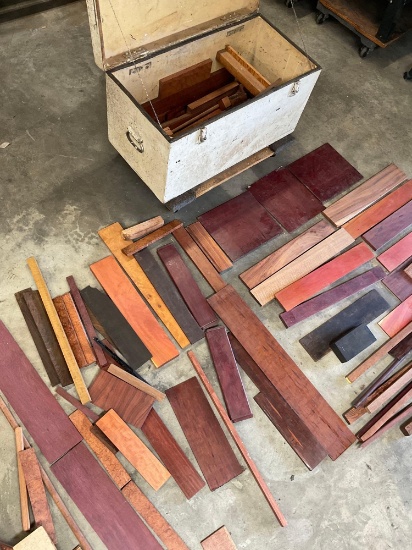 Assorted size and variety of Exotic scrap wood. Over 70 pieces, includes wood trunk 17" x 32" x 16"