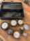 Tool box and assorted pressure gauges. 5 pieces