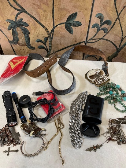 Grouping of assorted items, Air buds, costume jewelry, turquoise necklace, etc