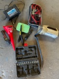 Assorted car items. Jumper cables, charger, funnel light, etc