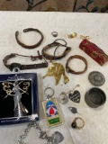 Grouping of assorted, leather bracelets, key fob, costume jewelry, pill box, etc