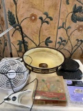 Grouping of assorted items, clip fan, ceiling light cover, shot glass game, etc.