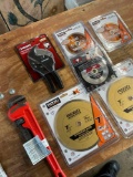 New Ridgid assorted blades & pipe wrenches, Husky ratchet pvc cutter, KD blade. 7 pieces