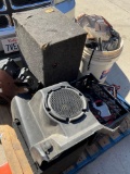 Assorted items. Car Box for speakers, tenting, lanterns, jumper cable, etc