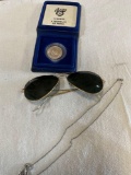 Pair of Ray Ban glasses, Necklace with pendant & Alberta 75th anniversary coin