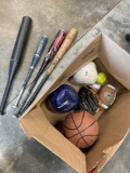 Assorted sports items. Balls, glove, bats