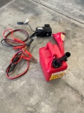 Jumper cables, 1 gallon gas container, funnel, pump. 4 pieces