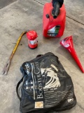 2 gallon gasoline container, funnel, booster cables, crow bar, lamp. 5 pieces