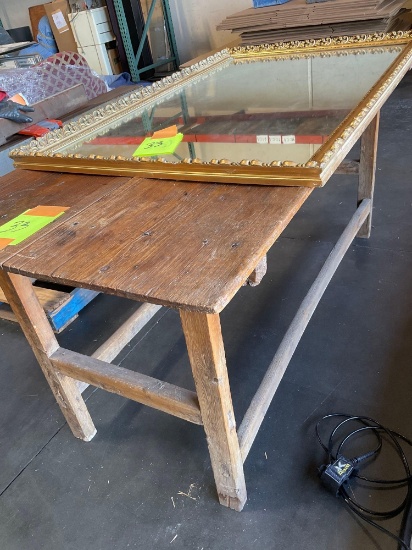 Vintage Country Table, 32"x 68"x 34" Gold Framed Mirror 34" x 52"