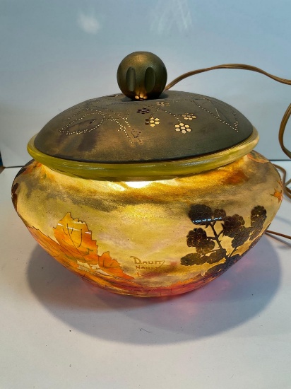 Antique Lamp, scenic pattern signed Duam Nancy, Glass base, metal lid, 8"x10" Circa 1890's / 1900's