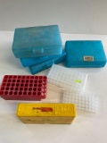 4) Dillon Precision parts storage boxes & 5) assorted ammo trays. 9 pieces total