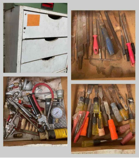 Wood cabinet with three drawers and assorted tools 15" x 15" x. 15"