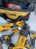 Dewalt work light, impact driver, reciprocating saw, cut off tool, bag. All have batteries, WORK