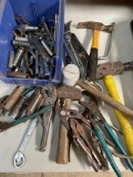Plastic container and assorted hammers, wrenches, sockets, etc
