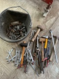 Bucket and assorted wrenches, hammers, sockets, etc