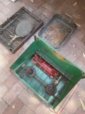 Coleman camping stove, pan,cast iron pan, unknown grill. 4 pieces