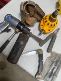 Assorted tools. Dewalt pneumatic palm nailer, Tough Mechanics pneumatic tool, knife, tools