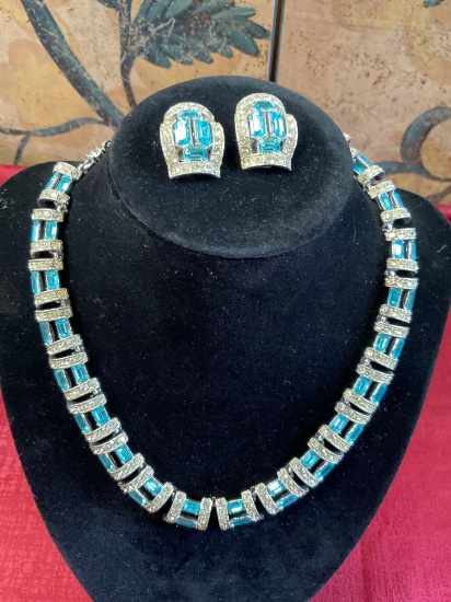 Stamped Bogoff turquoise and clear rhinestone 12" necklace and earrings set
