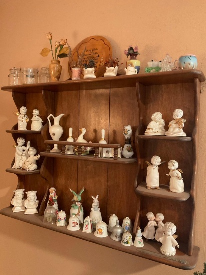 Wall shelving display unit, 22" x 32" with assorted Bells, Animal & Angel Figurines