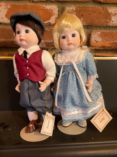 Vintage/collectable, porcelain 10" Kingstate The Dollcrafter Jason & Julie dolls with stands