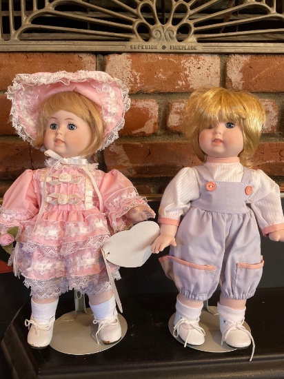 Vintage/collectable, porcelain 13" Hello Dolly "Kim" doll & stamped Dynasty doll with stands
