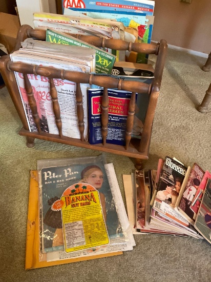 Vintage magazine rack & assorted magazines/ books