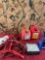 Automotive assorted items. Alpine car radio, Duralast jack stand, gasoline cans, jumper cables. 6