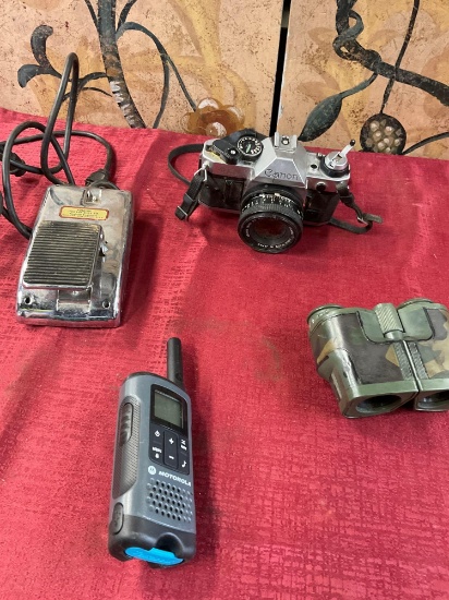 Assorted items. Canon camera, Robins pedal, Motorola walkie talkie, Tasco binoculars