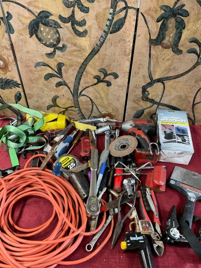 Electrical cord, Sockets, Wrench's, Milwaukee drill, Auto body tool, plus misc. items/ tools