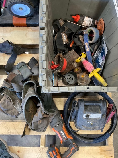 Assorted tools/ tools. Tape measurers, tool belts, leveler, etc