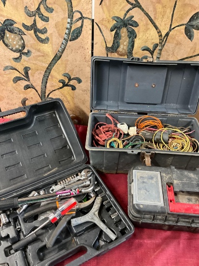 Box with assorted tools, tool box with assorted wires, empty tool box