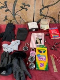 Assorted items. Gloves, head piece, locks, jewelry box with necklace, etc. 13 pieces