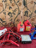 Automotive assorted items. Alpine car radio, Duralast jack stand, gasoline cans, jumper cables. 6