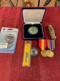 Military & PD assorted medals, ribbons, badge, multi tool. 6 pieces