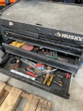 Husky 5 drawer tool box with assorted tools/ items. 18