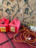 Gasoline cans, jumper cable, star wrench, rope. 6 pieces