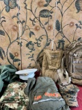 Military items, Large duffle bag, Jumpsuit, Hats, water backpack, large backpack. 7 pieces