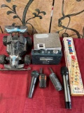 Assorted items. Super Tret car, microphones, audio box, Magnavox, game, walkie talkies. 8 pieces