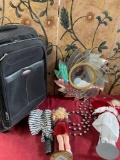 Samsonite rolling luggage, dolls with stands, deco, etc