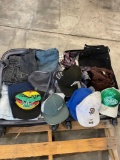 Samsonite rolling luggage, assorted hats & clothing. Mens Clothing seem to be large size