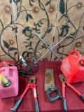 Bolt Cutters, Gasoline cans, Backsaw, Star wrench, etc. 7 pieces