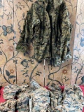 Military Camo, 6 hats, Large jacket, medium shirt, pants. 9 pieces