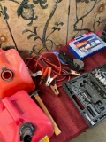 Assorted Automotive items. Gasoline cans, Hammer, Cables, tools, etc