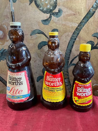 Vintage 8", 10", 8" Mrs Butter Worth syrup glass bottles. 3 pieces