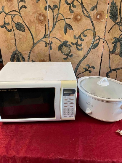 Sharp microwave (turned on) & Rival Crock pot