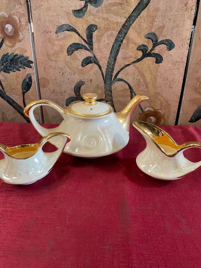 Vintage Pearl China Co. 1950s Hand decorated 22 KT Gold USA tea pot, creamer sugar set. 3 pieces